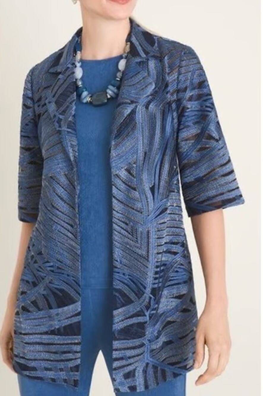 CHICO'S TRAVELERS Blue Whimsy Mesh Stripe Embroidered 3/4 Sleeve Jacket 4  26/28